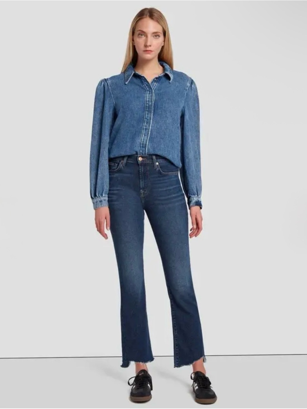 7 For All Mankind Dark Blue Cropped Kick Flare Jeans w Raw Hem